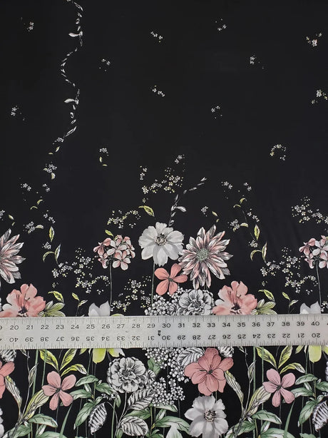 Polyester Spandex Fabric - Border Floral Print, Light Weight, 58"-60" Width