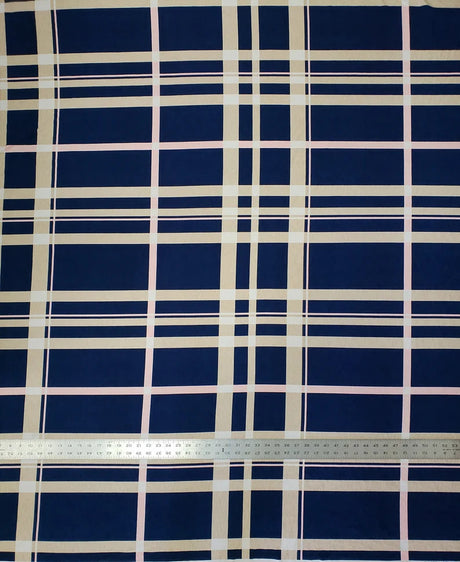 Polyester Spandex Bulgari Fabric - Large Plaid Print, Navy, Taupe, 58"-60" Width