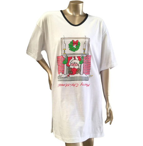 Santa Claus Animated Sleepshirt 100 Percent Cotton Fabric - Matte Studs, Side Slits, One Size Fits Most