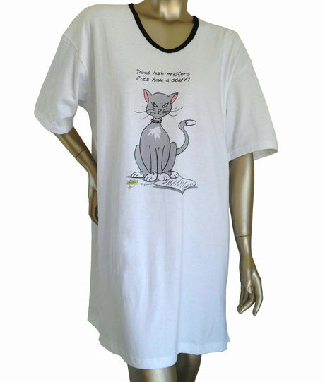 Cat Shirt Animated Sleepshirt 100 Percent Cotton Fabric - Matte Studs, Side Slits, One Size Fits Most