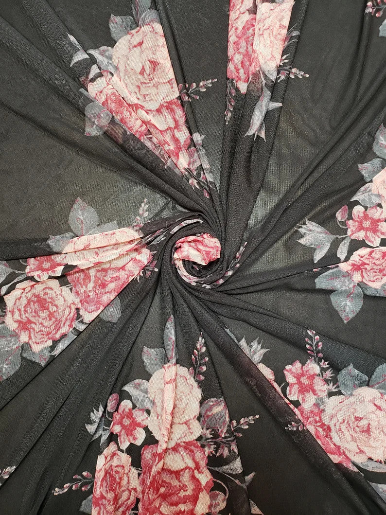 Polyester Spandex Mesh Fabric - See Through Big Flower Print, 58-60" Width