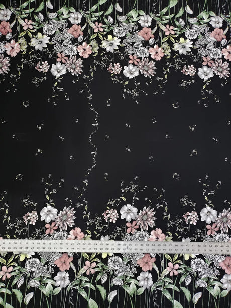 Polyester Spandex Fabric - Border Floral Print, Light Weight, 58"-60" Width