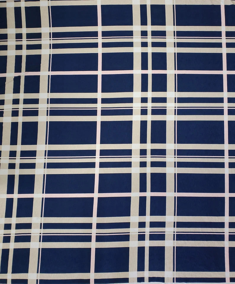 Polyester Spandex Bulgari Fabric - Large Plaid Print, Navy, Taupe, 58"-60" Width