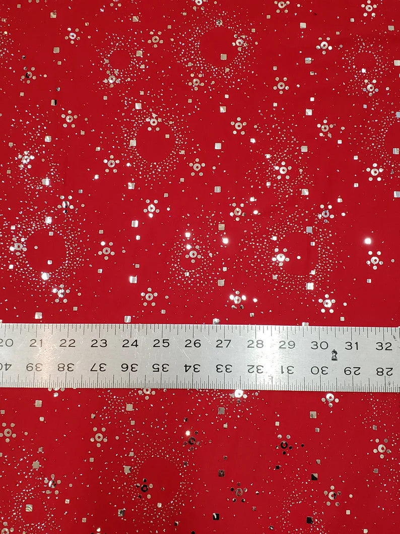 Circle Glitter And Small Sequins Polyester Spandex ITY Fabric - Red/Silver Glitter Sequins, 56" To 58" Width