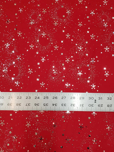 Circle Glitter And Small Sequins Polyester Spandex ITY Fabric - Red/Silver Glitter Sequins, 56" To 58" Width
