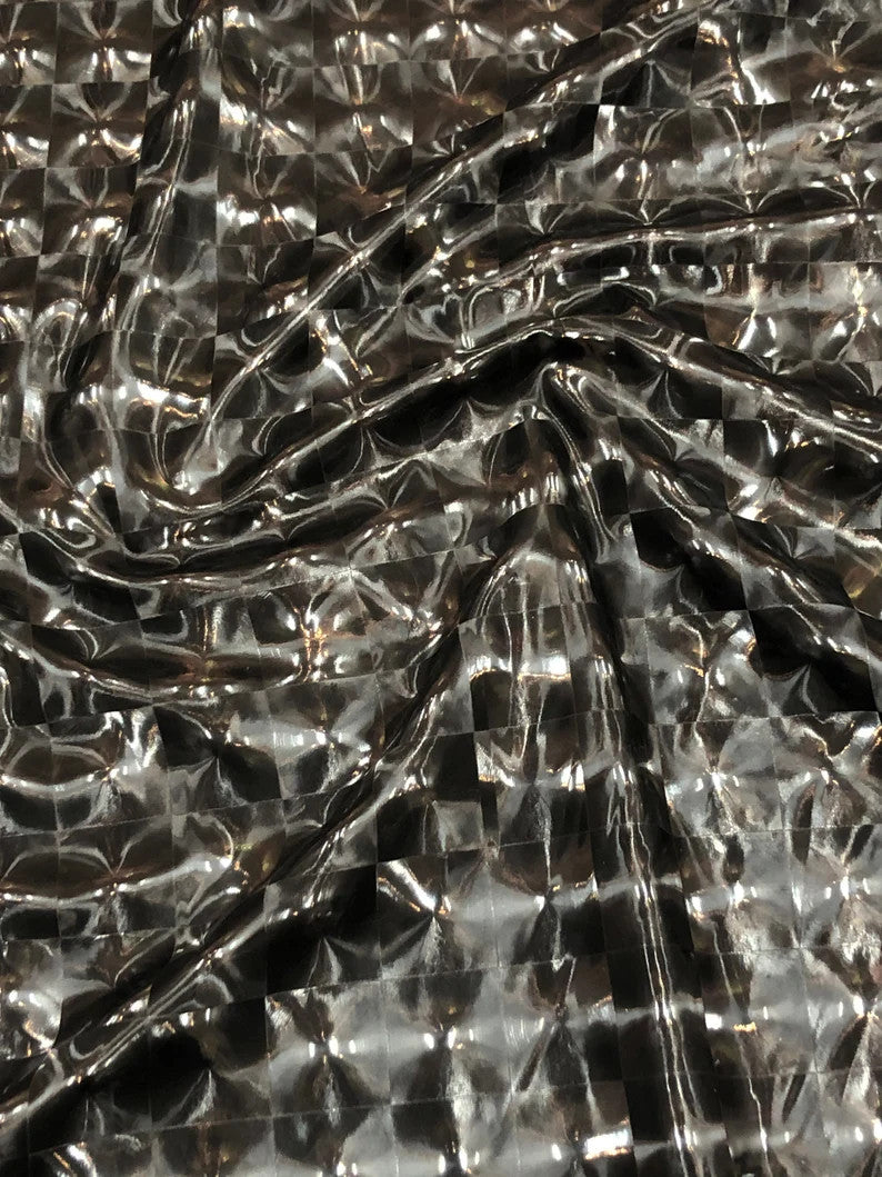 Squared 3D-Hologram Design Polyester Spandex Fabric - Black, Ivory, Shiny Hologram Pattern, 55" Width