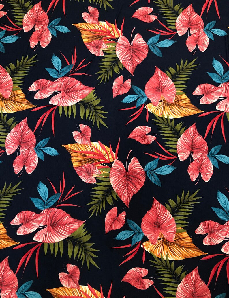Big Leaves Print Polyester Spandex Fabric - Dark Navy Leaf Print, 58" To 60" Width