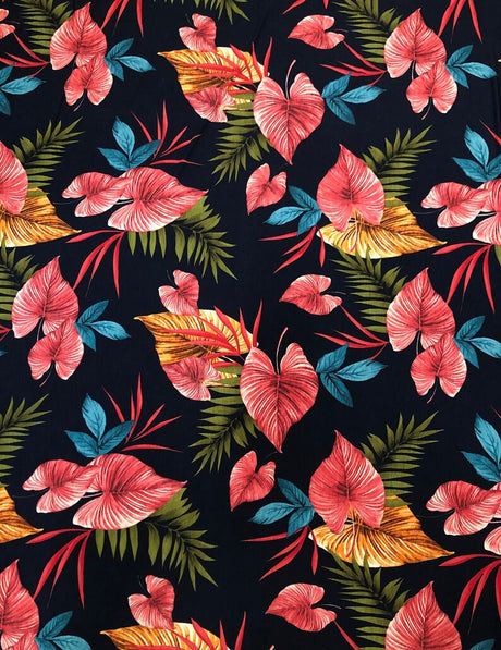 Big Leaves Print Polyester Spandex Fabric - Dark Navy Leaf Print, 58" To 60" Width