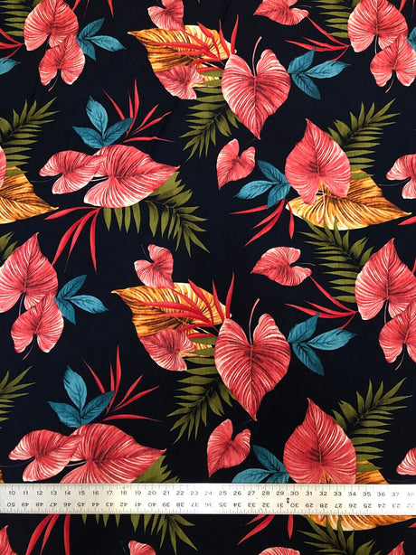 Big Leaves Print Polyester Spandex Fabric - Dark Navy Leaf Print, 58" To 60" Width