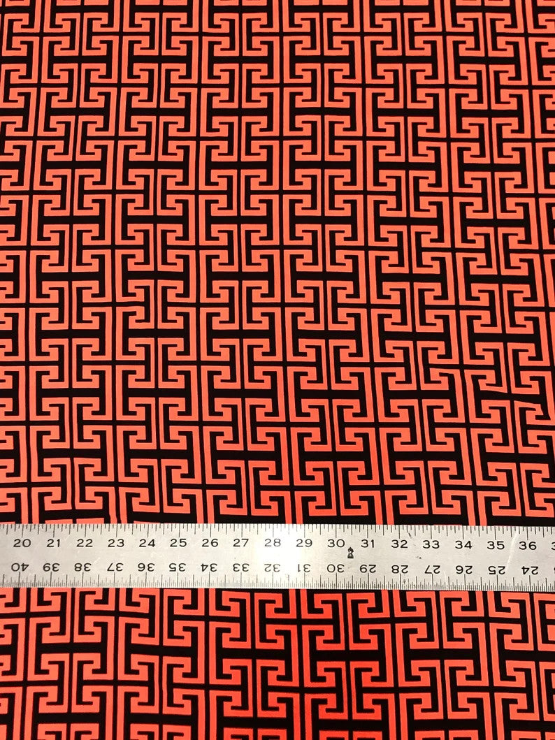 Neon Trendy Colors Polyester Spandex Fabric - Greek Key Print, Neon Orange, Neon Lime, 58"-60" Width