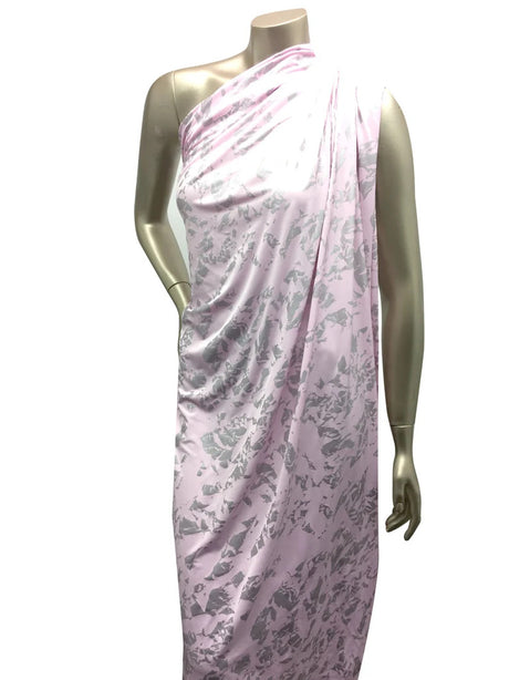 Single Span Polyester Spandex Fabric - Dull Pink And Silver Foil Design, 58"- 60" Width