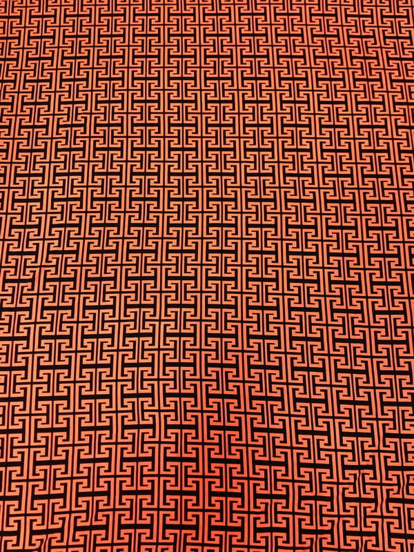 Neon Trendy Colors Polyester Spandex Fabric - Greek Key Print, Neon Orange, Neon Lime, 58"-60" Width