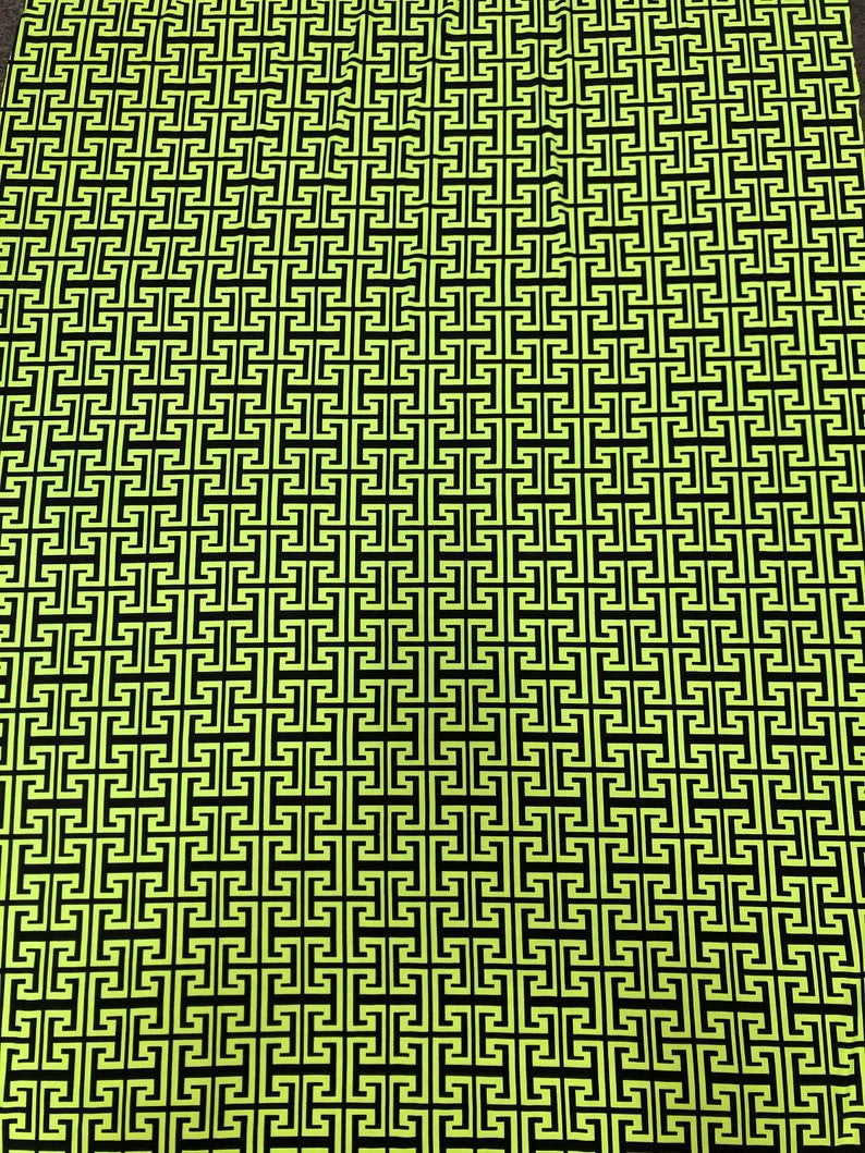 Neon Trendy Colors Polyester Spandex Fabric - Greek Key Print, Neon Orange, Neon Lime, 58"-60" Width