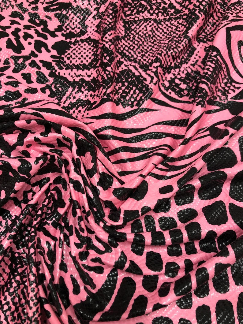Mixed Animal Print Clear Snake Skin Foil Polyester Spandex Fabric - Shiny Clear Animal Print, 58" Width