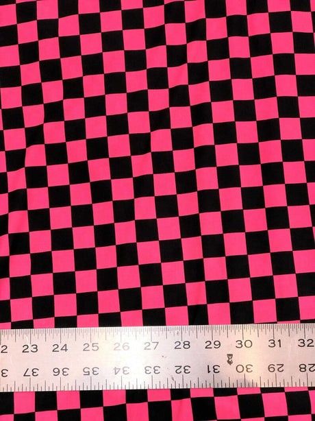 Bright Neon Checker Squares Pattern Polyester Spandex Fabric - Neon Fuchsia, Neon Green, Checker Squares, 58"- 60" Width