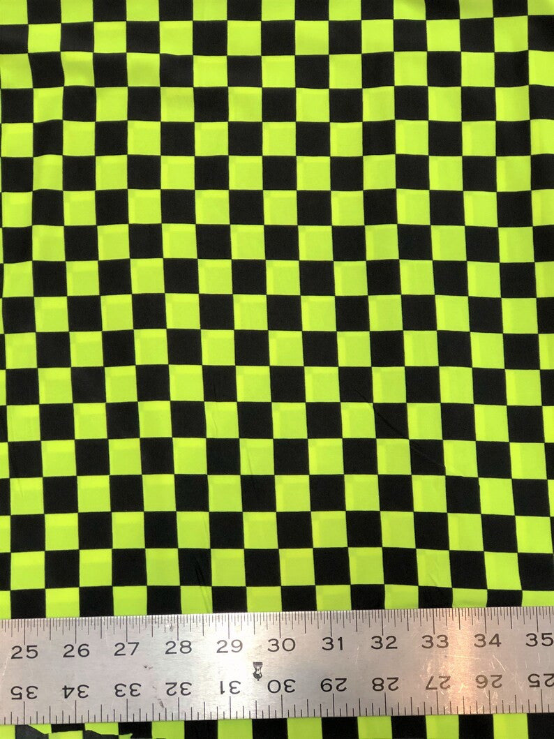 Bright Neon Checker Squares Pattern Polyester Spandex Fabric - Neon Fuchsia, Neon Green, Checker Squares, 58"- 60" Width