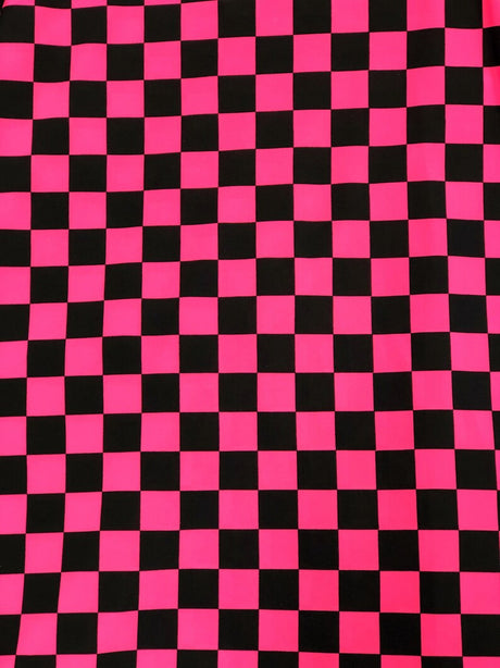 Bright Neon Checker Squares Pattern Polyester Spandex Fabric - Neon Fuchsia, Neon Green, Checker Squares, 58"- 60" Width