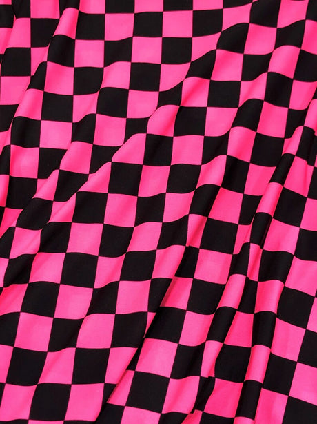 Bright Neon Checker Squares Pattern Polyester Spandex Fabric - Neon Fuchsia, Neon Green, Checker Squares, 58"- 60" Width