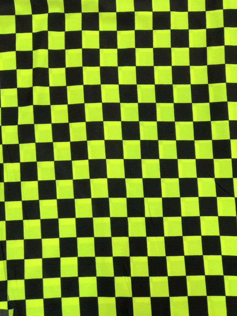 Bright Neon Checker Squares Pattern Polyester Spandex Fabric - Neon Fuchsia, Neon Green, Checker Squares, 58"- 60" Width