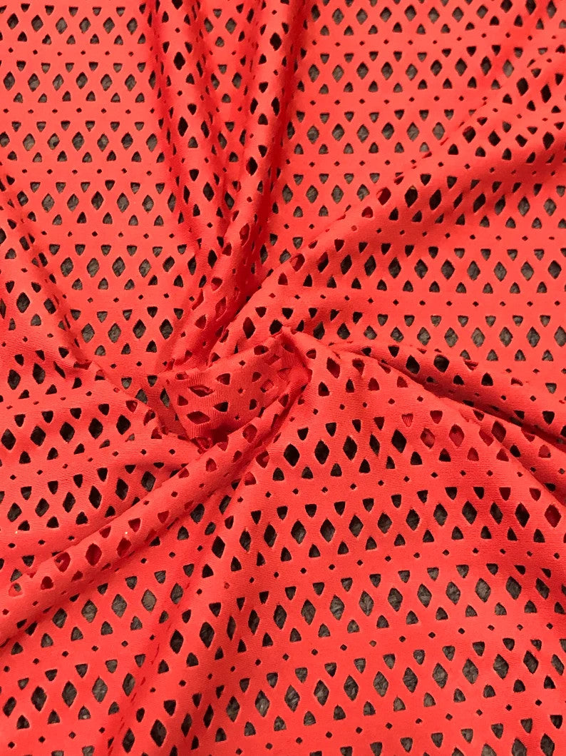 Nylon Spandex Mesh Fabric - See Through Laser Cut, 4-Way Stretch, Dark Jade, Dark Coral, 58/60" Width