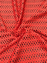 Nylon Spandex Mesh Fabric - See Through Laser Cut, 4-Way Stretch, Dark Jade, Dark Coral, 58/60" Width