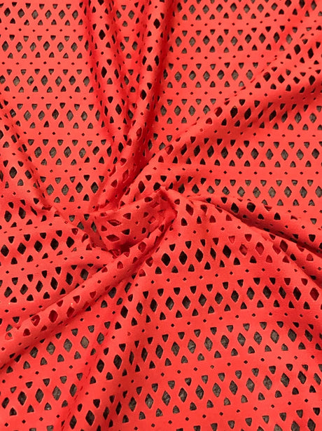 Nylon Spandex Mesh Fabric - See Through Laser Cut, 4-Way Stretch, Dark Jade, Dark Coral, 58/60" Width