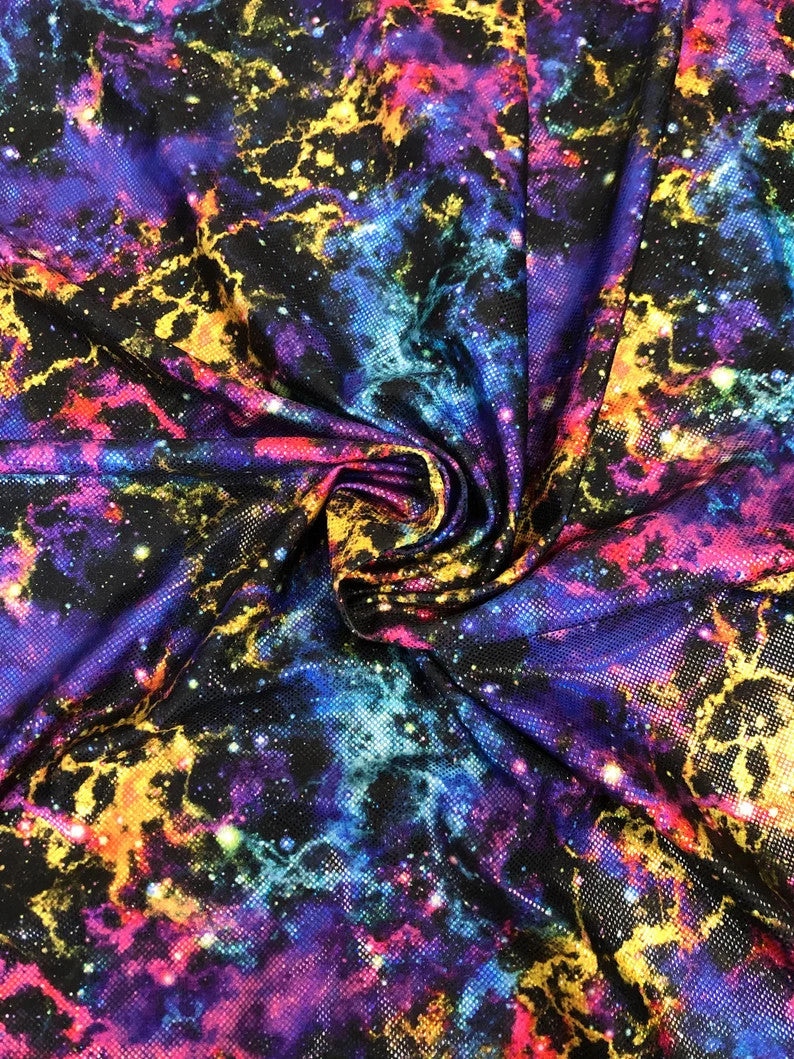 Colorful Space Galaxy Nylon Spandex Fabric - Purple, Green, 1 Mm Shiny Hologram, 58" Width