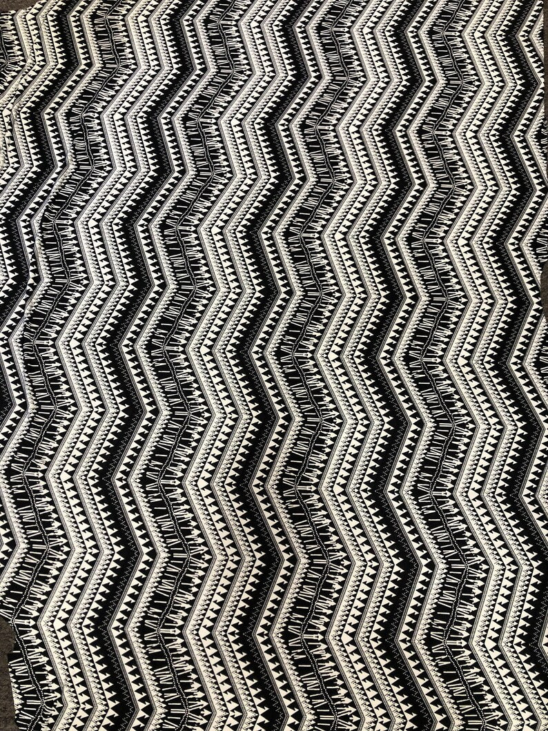 Black And White Zig Zag Tribal Print Polyester Spandex Fabric - Black And White Zig Zag Tribal Print, 58" Width