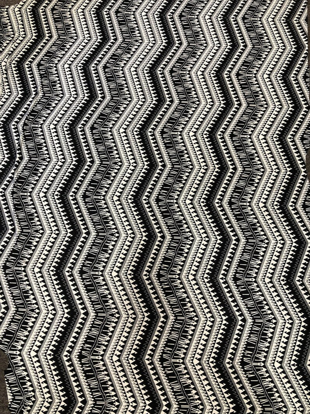 Black And White Zig Zag Tribal Print Polyester Spandex Fabric - Black And White Zig Zag Tribal Print, 58" Width