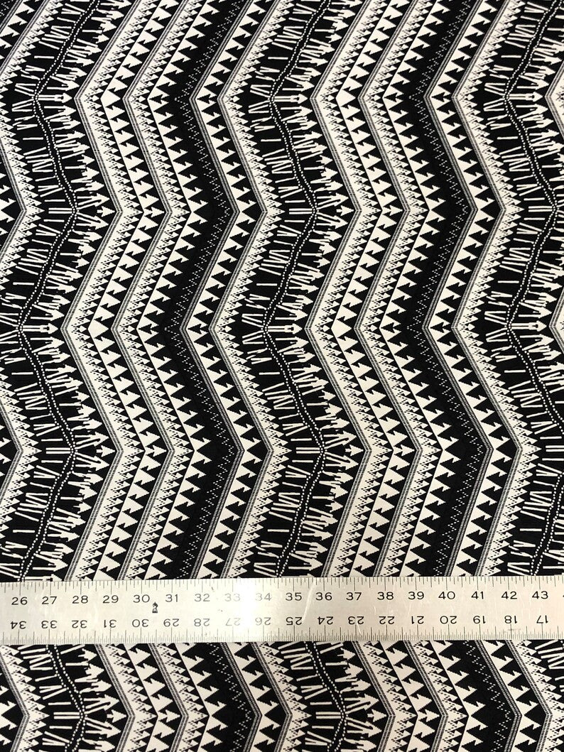 Black And White Zig Zag Tribal Print Polyester Spandex Fabric - Black And White Zig Zag Tribal Print, 58" Width