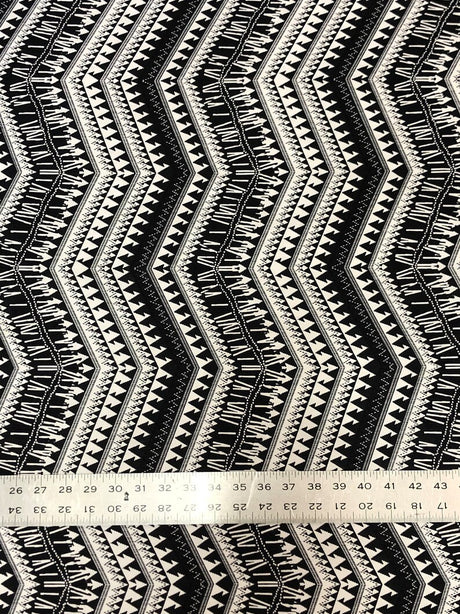 Black And White Zig Zag Tribal Print Polyester Spandex Fabric - Black And White Zig Zag Tribal Print, 58" Width
