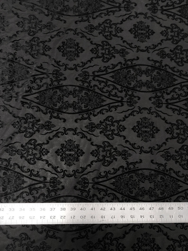 Small Damask Burnout Velvet Polyester Spandex Fabric - Damask Pattern, See Through, 60" Width