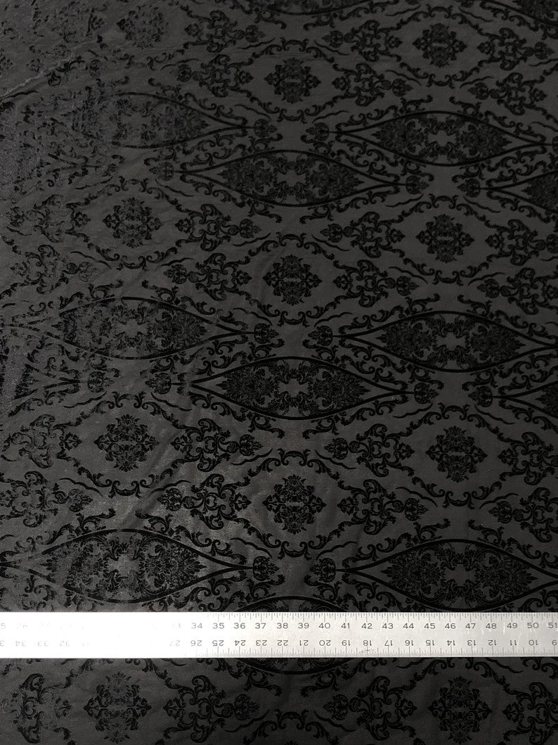 Small Damask Burnout Velvet Polyester Spandex Fabric - Damask Pattern, See Through, 60" Width