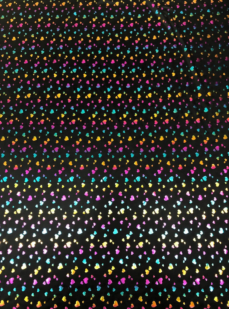 Multi Color Foil Hearts On Black Nylon Spandex Fabric - Black, Multi Color Foil Hearts, 58"-60" Width