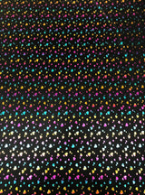 Multi Color Foil Hearts On Black Nylon Spandex Fabric - Black, Multi Color Foil Hearts, 58"-60" Width