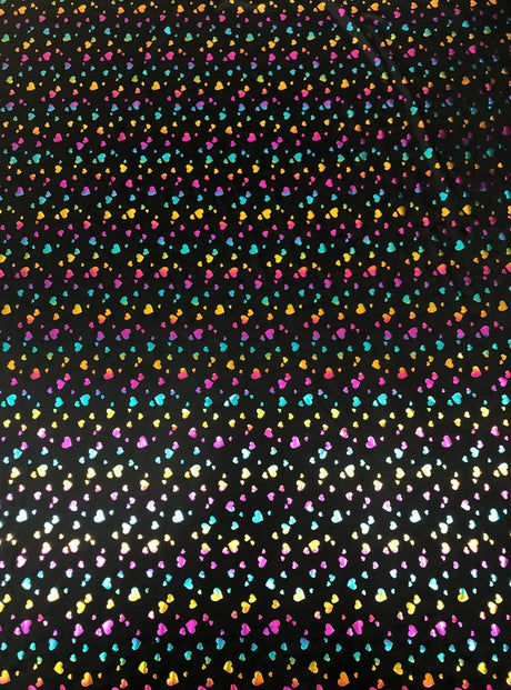 Multi Color Foil Hearts On Black Nylon Spandex Fabric - Black, Multi Color Foil Hearts, 58"-60" Width