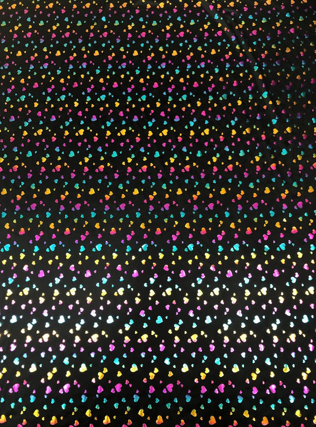 Multi Color Foil Hearts On Black Nylon Spandex Fabric - Black, Multi Color Foil Hearts, 58"-60" Width