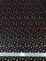 Multi Color Foil Hearts On Black Nylon Spandex Fabric - Black, Multi Color Foil Hearts, 58"-60" Width