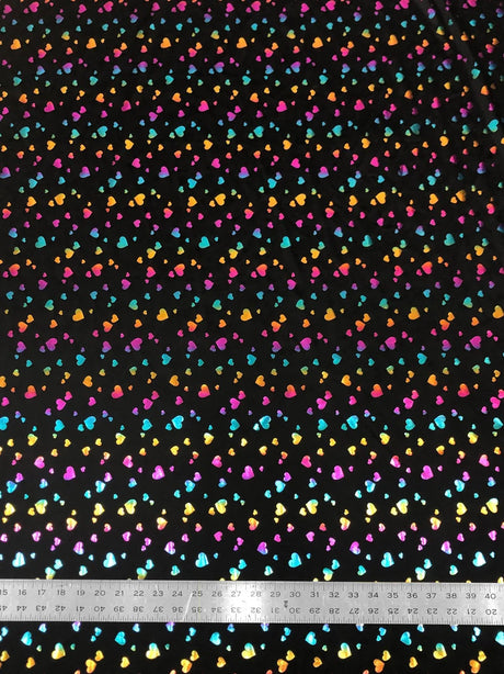 Multi Color Foil Hearts On Black Nylon Spandex Fabric - Black, Multi Color Foil Hearts, 58"-60" Width