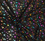 Multi Color Foil Hearts On Black Nylon Spandex Fabric - Black, Multi Color Foil Hearts, 58"-60" Width