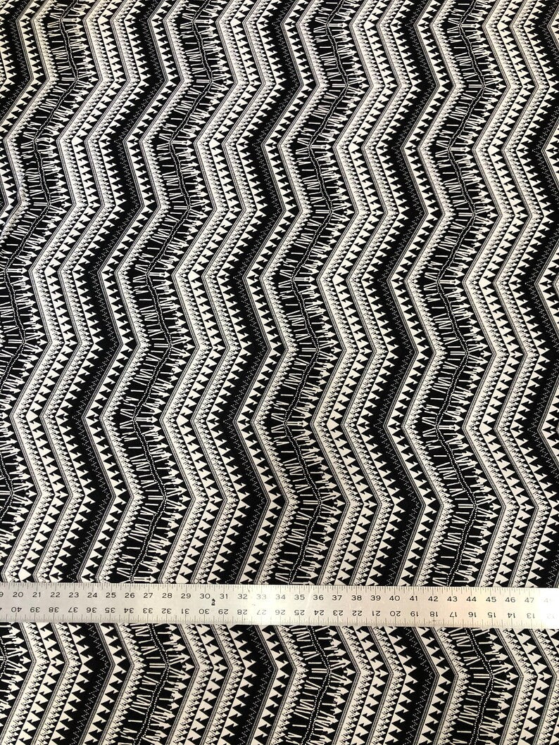 Black And White Zig Zag Tribal Print Polyester Spandex Fabric - Black And White Zig Zag Tribal Print, 58" Width