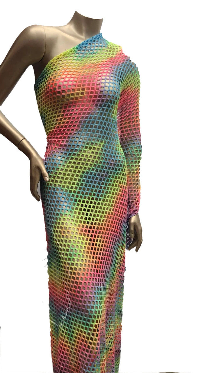 Tie-Dye Colorful Rainbow Pattern Polyester Spandex Mesh Fabric - Silver Glitters, 0.5 Inch Diamond Mesh, 56"-58" Width