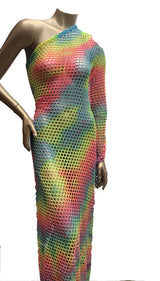 Tie-Dye Colorful Rainbow Pattern Polyester Spandex Mesh Fabric - Silver Glitters, 0.5 Inch Diamond Mesh, 56"-58" Width
