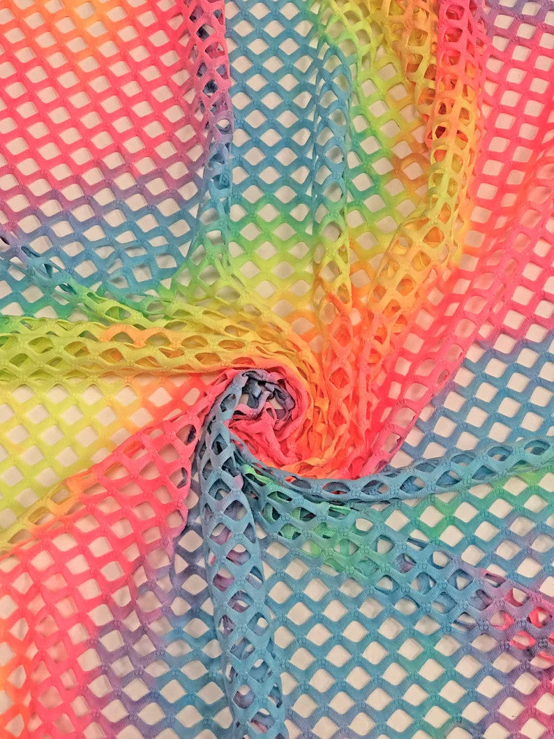 Tie-Dye Colorful Rainbow Polyester Spandex Mesh Fabric - Plain Pattern, 0.5" Diamond Mesh, 56" - 58" Width