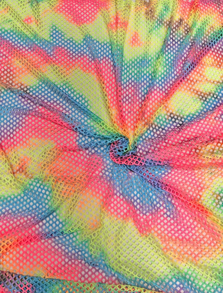 Tie-Dye Colorful Rainbow Polyester Spandex Mesh Fabric - Plain Pattern, 0.5" Diamond Mesh, 56" - 58" Width