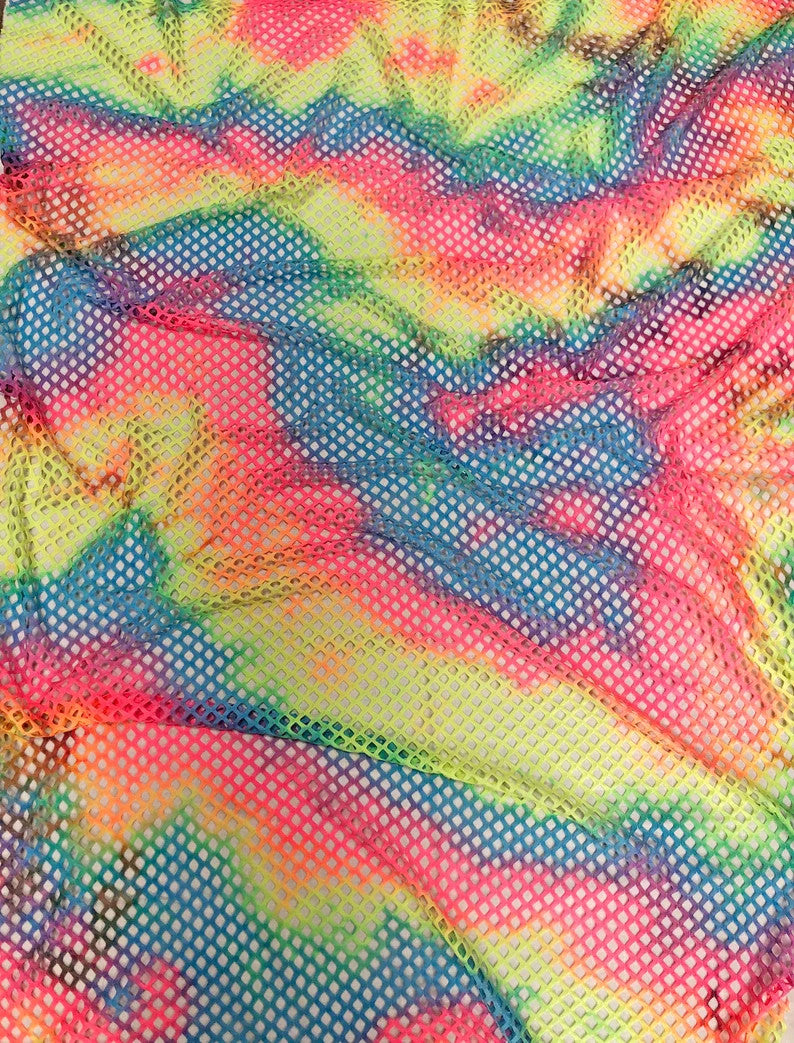 Tie-Dye Colorful Rainbow Polyester Spandex Mesh Fabric - Plain Pattern, 0.5" Diamond Mesh, 56" - 58" Width