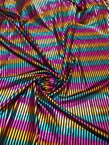 Foil Multi Color Vertical Stripes On Black Nylon Spandex Tricot Fabric - Black, Multi Color Vertical Stripes, 58"-60" Width