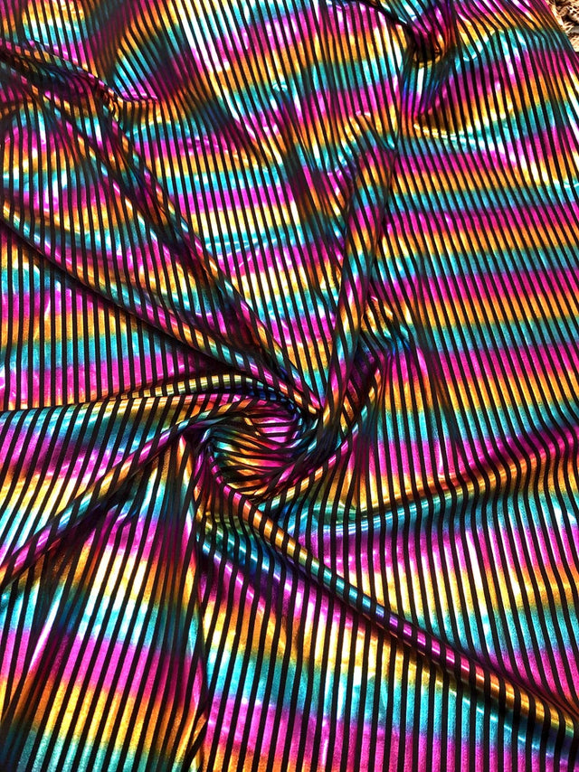 Foil Multi Color Vertical Stripes On Black Nylon Spandex Tricot Fabric - Black, Multi Color Vertical Stripes, 58"-60" Width