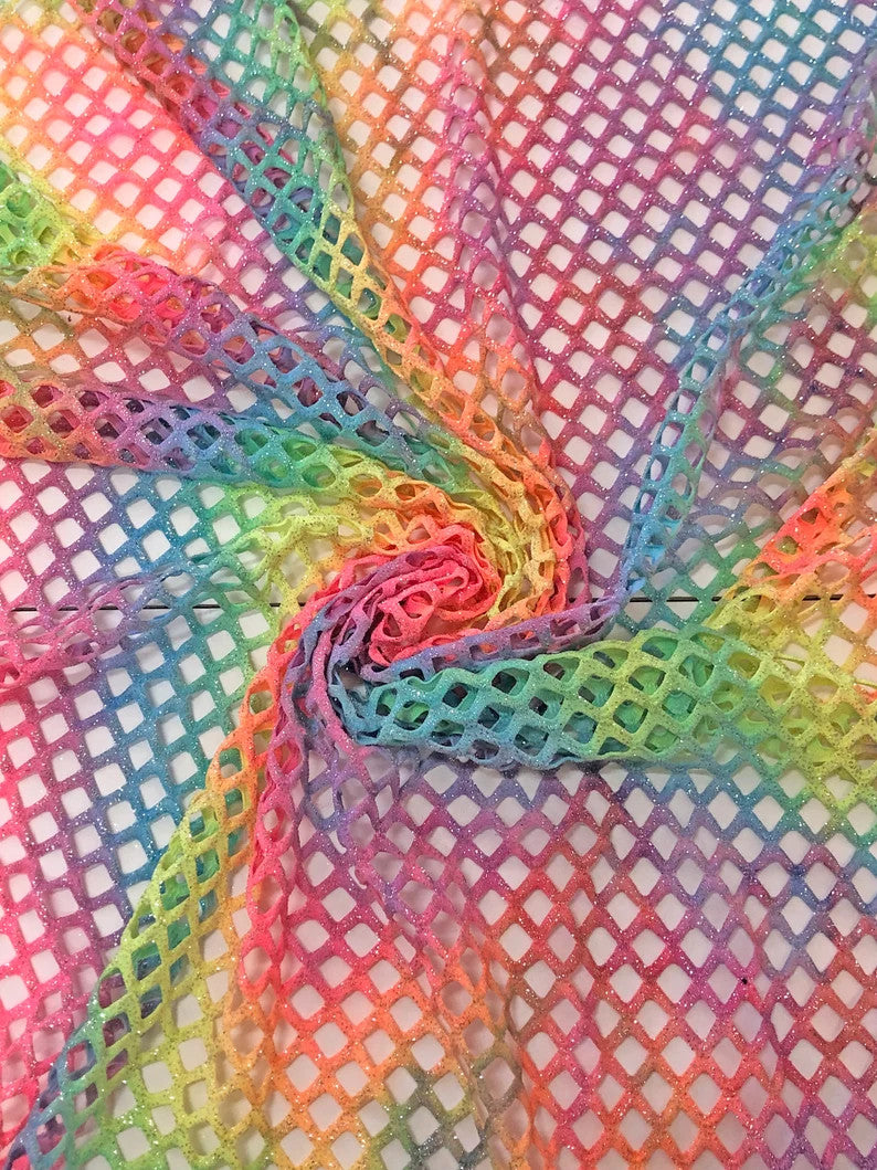 Tie-Dye Colorful Rainbow Pattern Polyester Spandex Mesh Fabric - Silver Glitters, 0.5 Inch Diamond Mesh, 56"-58" Width