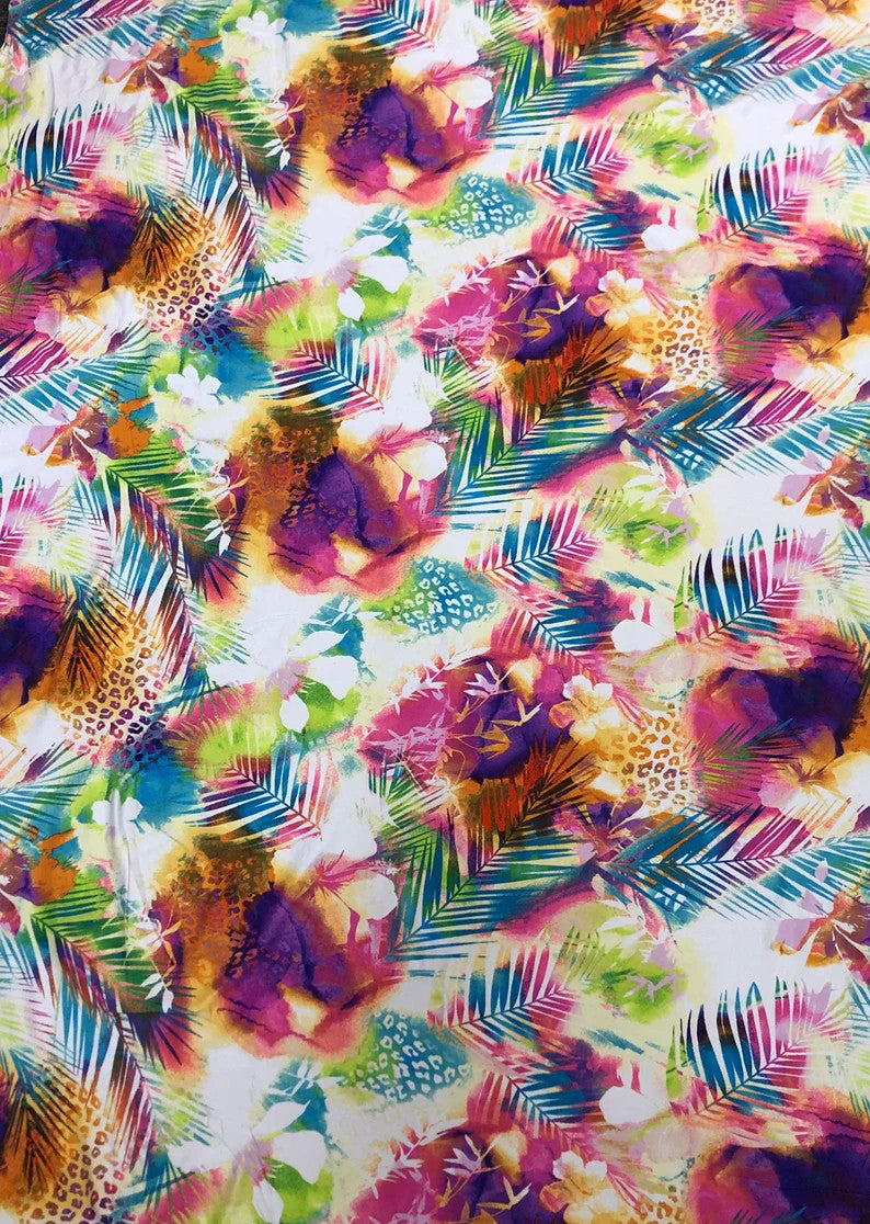 Bright Leaves & Leopard Print Polyester Spandex Fabric - Pink, Green, Leopard Print, 58" To 60" Width